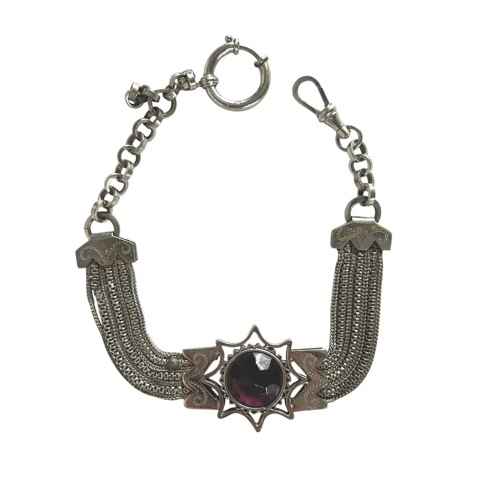 Victorian Style Pocket Watch Chain Purple Faux Amethyst Silver Goth Steampunk